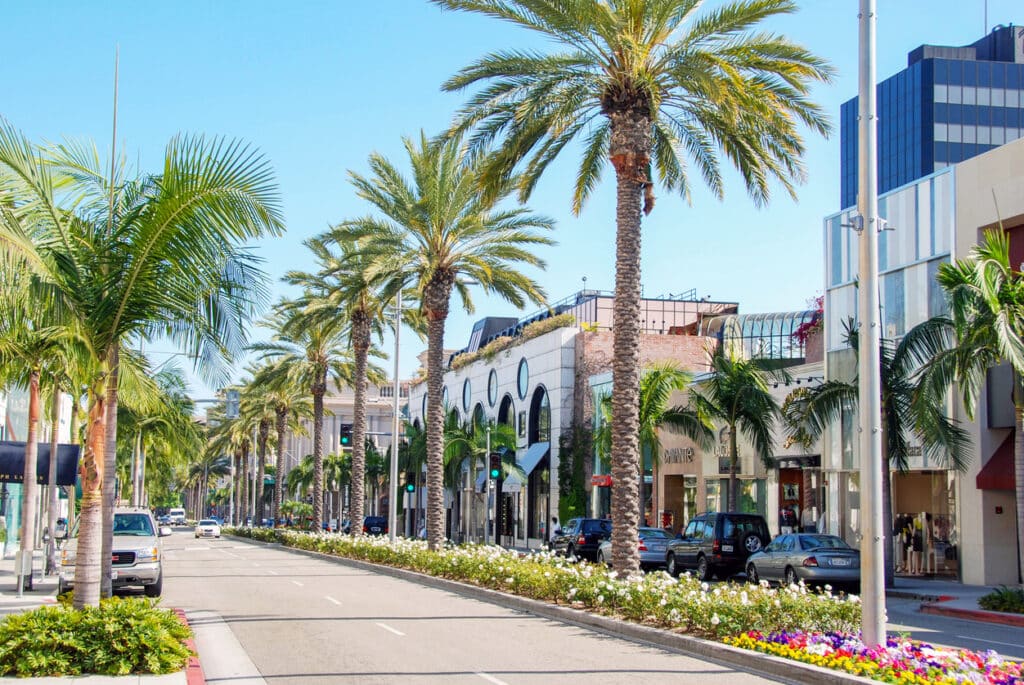 Rodeo Drive in Beverly Hills, featuring palm trees, flower beds, and the beautifully façade of various storefronts with a bright, clear sky